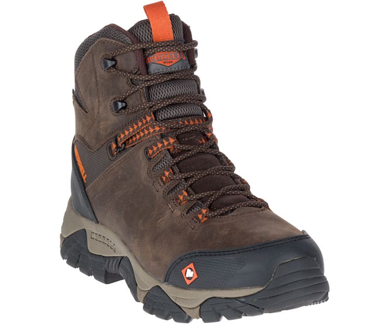 Dark Brown Merrell Phaserbound Mid Waterproof Work Boot Wide Width Men's Waterproof Boots Canada | 29812M-2WD