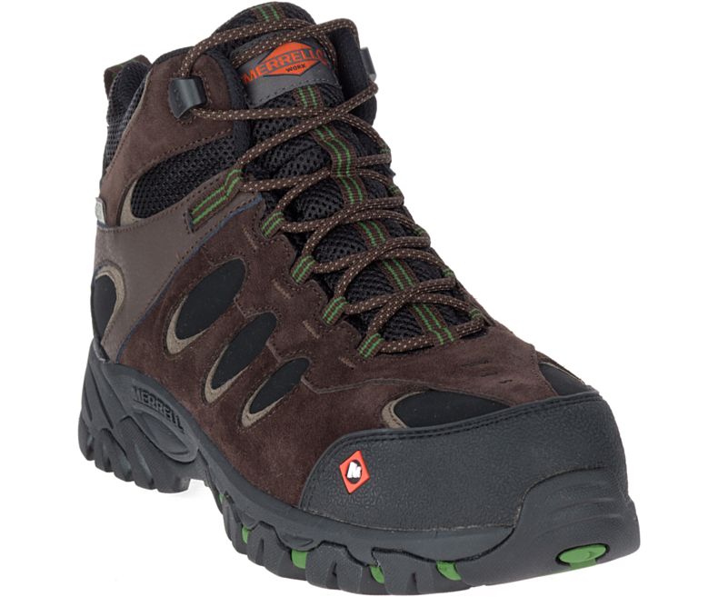 Dark Brown Merrell Ridgepass Bolt Mid Waterproof Comp Toe Work Boot Wide Width Men's Hiking Boots Canada | 29088M-2HD